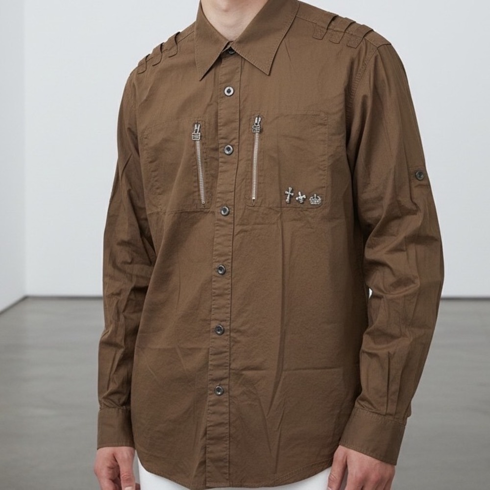 Sean John Mens XXL Brown Classic Fit Button Up Shirt Cross Crown‎ Y2K hip hop